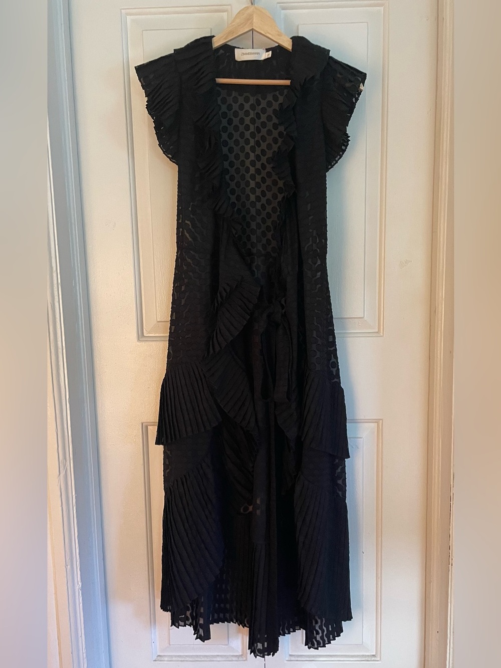 Zimmermann Black Sheer Pleated Ruffle Gown Size 0 Tie Front